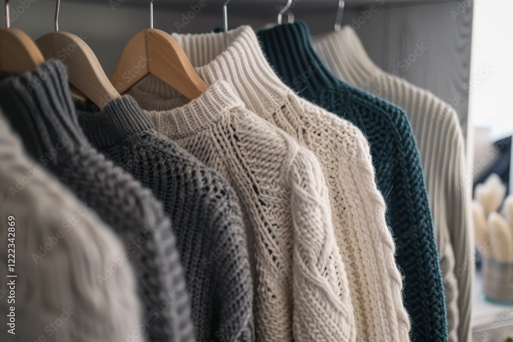 Fototapeta premium Warm knit sweaters displayed on wooden hangers in a cozy indoor setting, inviting a sense of comfort and style during the fall season