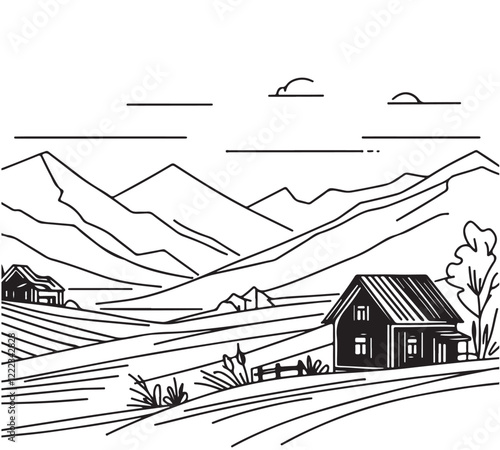 line sketch, hand drawn village landscape, small black abstract house in mountain