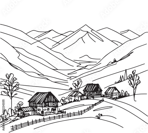 line sketch, hand drawn village landscape, small black abstract house in mountain