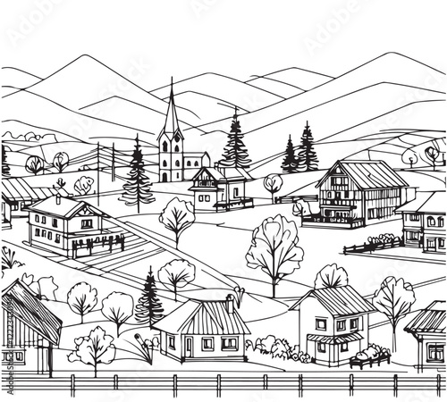 line sketch, hand drawn village landscape, small black abstract house in mountain