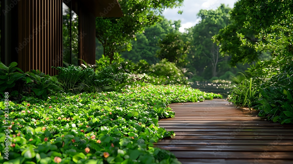 Lush Garden Pathway Surrounded by Vibrant Greenery and Nature Lush Garden Pathway Surrounded by Vibrant Greenery and Nature