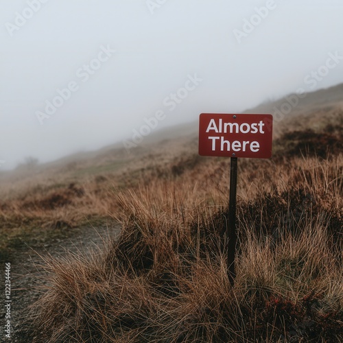 Obraz na płótnie Journey to almost there scenic trail sign in misty landscape nature serene environment w salonie