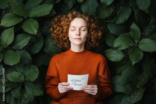 Emotional GardenCore Portrait White Adult Woman with Handwritten Note in Lush Foliage - Intimate Visual Content for Lifestyle Brands and Emotional Storytelling in Marketing photo