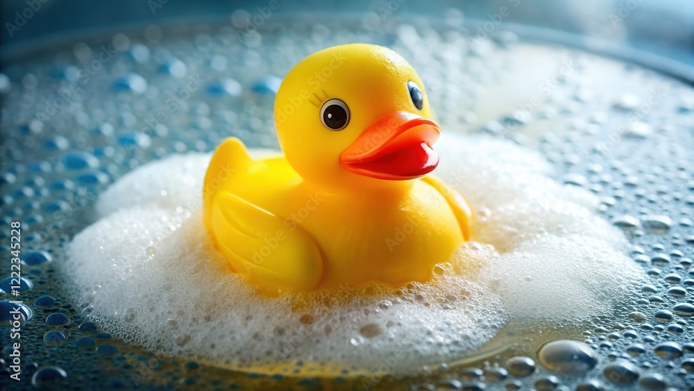 Close-up of Yellow Rubber Duck in Sudsy Bathwater - Documentary Photography Style Close-up of Yellow Rubber Duck in Sudsy Bathwater - Documentary Photography Style