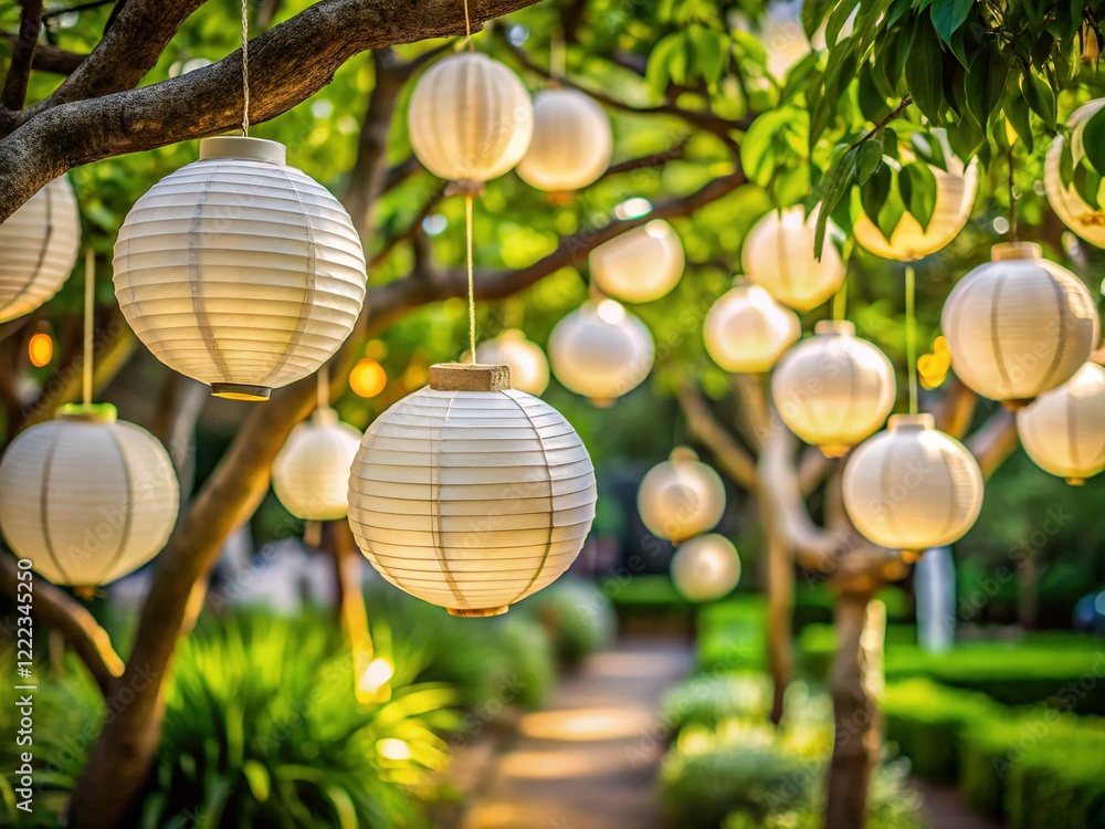 Obraz premium Close-up Thai White Paper Lanterns Hanging in Garden Tree, High Depth of Field