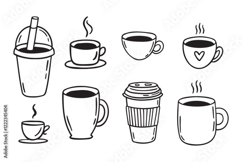 Coffee cups doodle set. coffee cup hand drawn line signs. Outline coffee cups