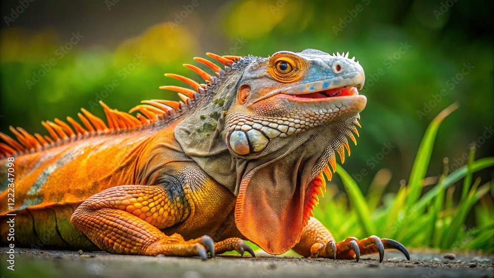Naklejka premium Iguana Resting on Concrete Slab, Orange and Brown Reptile with Throat Fan Display