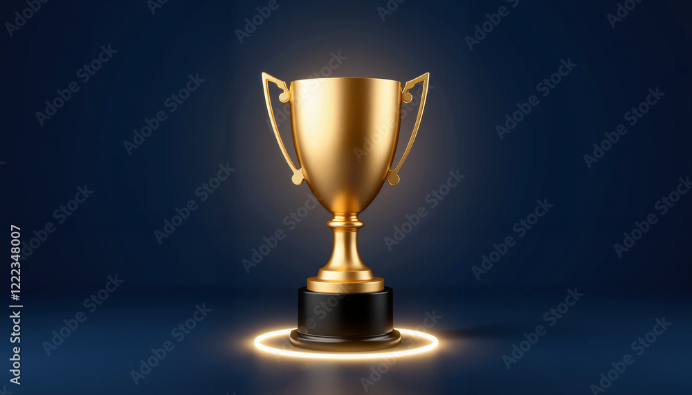 Golden trophy with smooth lines on dark blue background, glowing aura Golden trophy with smooth lines on dark blue background, glowing aura