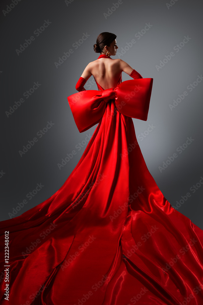Fashion Woman in Red Silk Backless Dress with Oversized Bow Rear View. Elegant Lady in Open Back Satin Maxi Gown over Gray Background. Beautiful Model in Evening Dress with Long Silk Train Fabric Fashion Woman in Red Silk Backless Dress with Oversized Bow Rear View. Elegant Lady in Open Back Satin Maxi Gown over Gray Background. Beautiful Model in Evening Dress with Long Silk Train Fabric