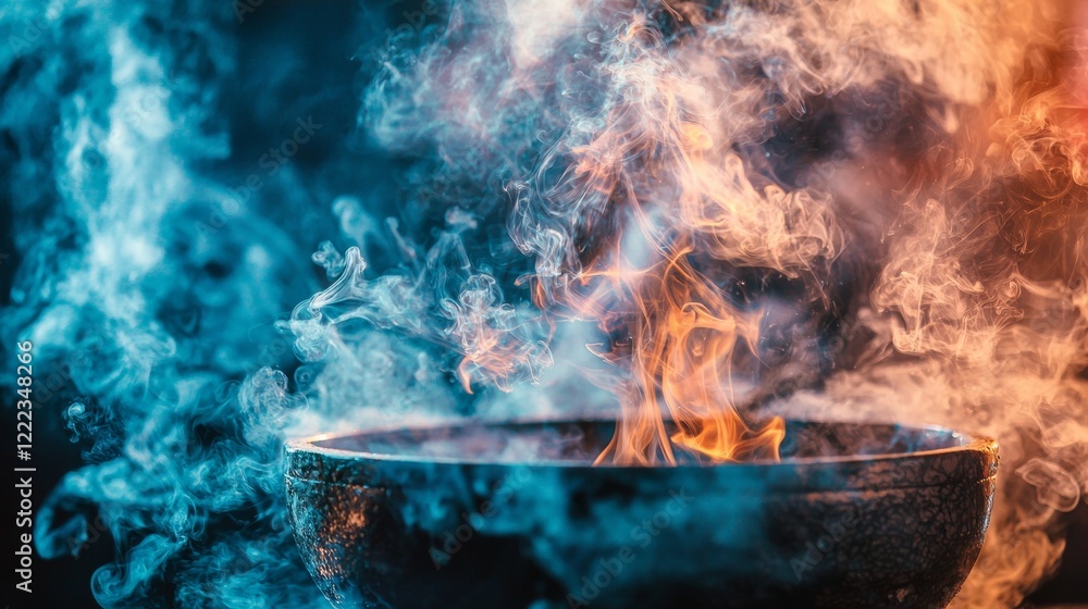 Dramatic cooking scene with a steaming pot over a flame Dramatic cooking scene with a steaming pot over a flame
