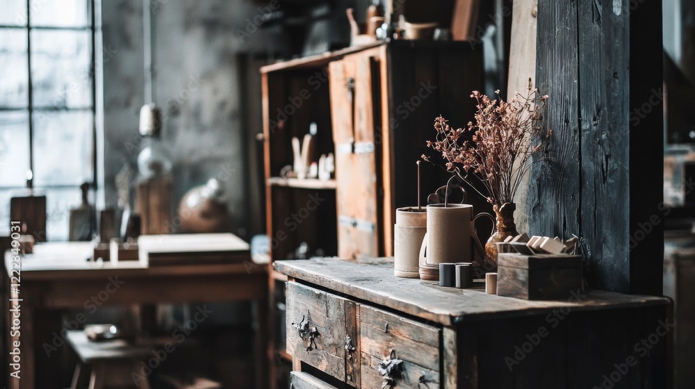 Fototapeta premium Rustic wooden workshop with crafts and tools