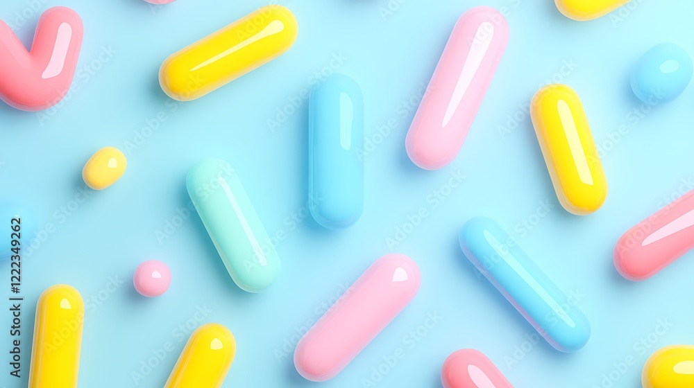 Colorful Capsules and Pills Spread on a Soft Blue Background in a Playful Arrangement for Health and Wellness Themes Colorful Capsules and Pills Spread on a Soft Blue Background in a Playful Arrangement for Health and Wellness Themes