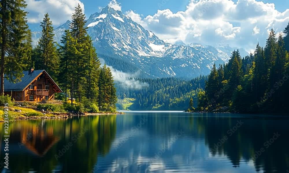 Scenic view of a tranquil lake surrounded by lush forests and majestic mountains under a bright sky Scenic view of a tranquil lake surrounded by lush forests and majestic mountains under a bright sky