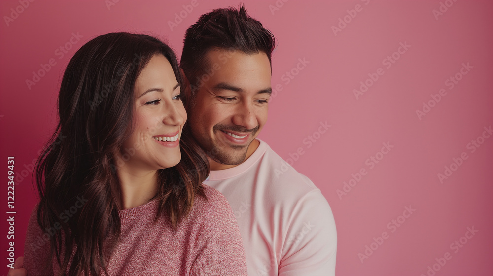 Portraits of couples intimate and joyful moment stand on pink valentines background with text space. Portraits of couples intimate and joyful moment stand on pink valentines background with text space.