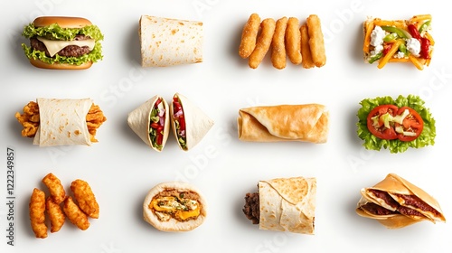 A collage of various fast food items, including burgers, sandwiches, and a wrap, is presented on a white background photo