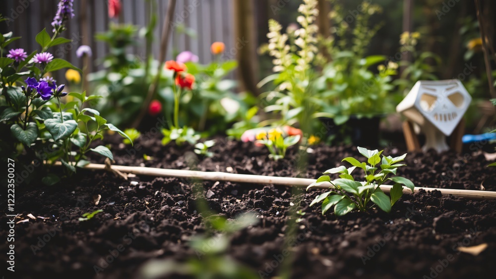 Lush Spring Garden Bed with Young Plants and Flowers Lush Spring Garden Bed with Young Plants and Flowers
