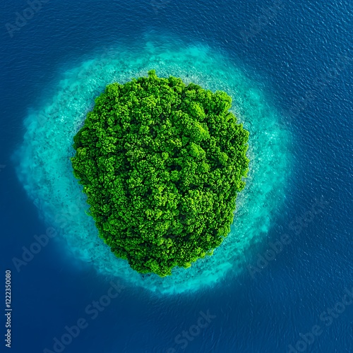 Lush Green Island Surrounded by Crystal Clear Water Aerial View