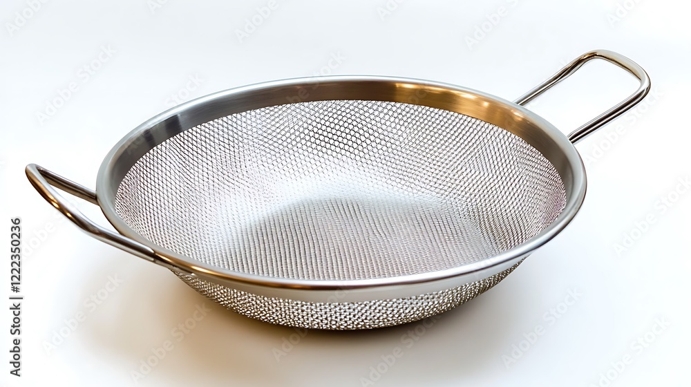 A metallic strainer with a handle is shown from a slightly high angle. A metallic strainer with a handle is shown from a slightly high angle.