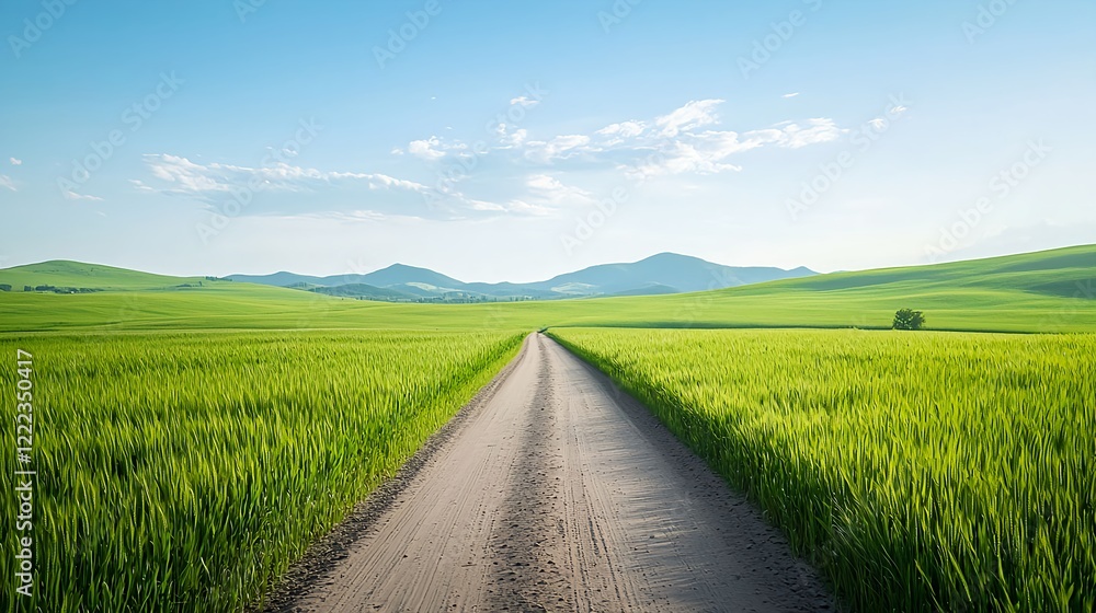 Fototapeta premium Scenic Landscape of Open Road Through Lush Green Fields and Hills