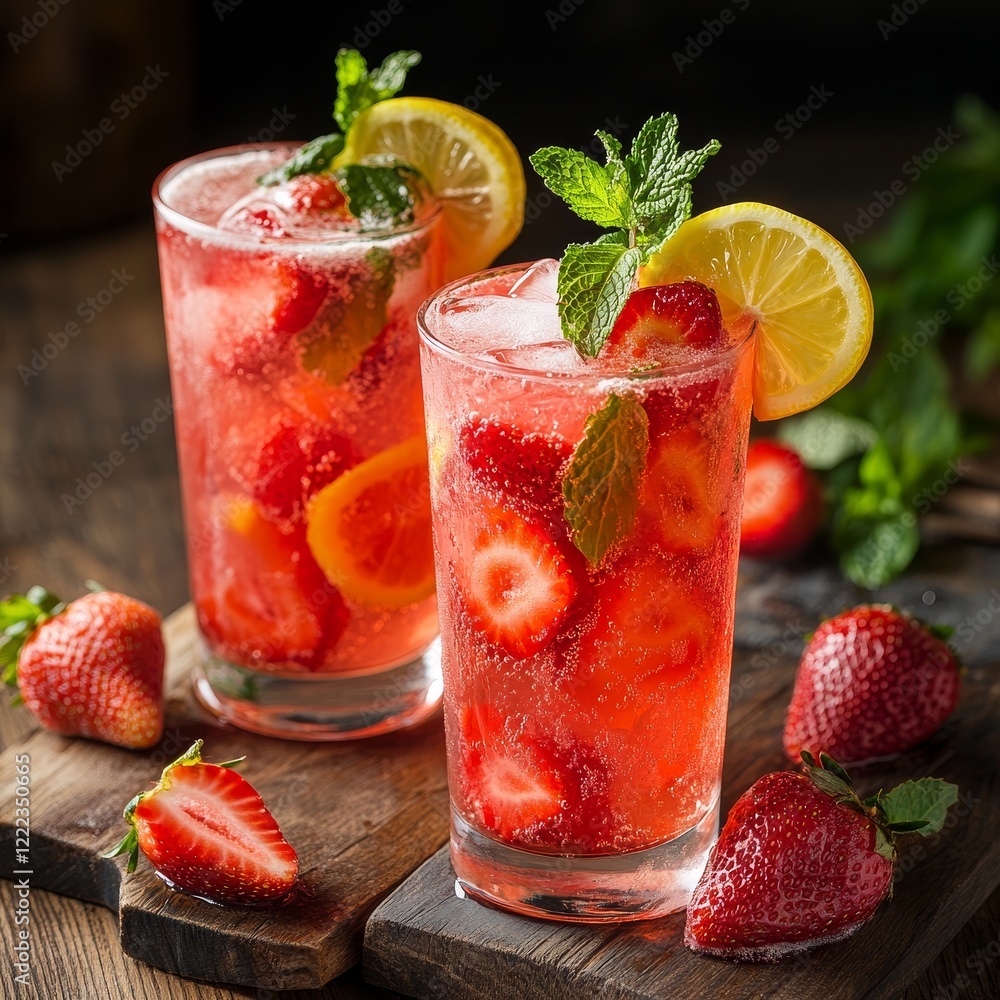 Strawberry mojito with lemon and mint, selective focus Strawberry mojito with lemon and mint, selective focus