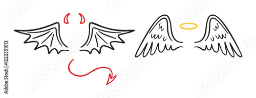 angel and demon wings doodle hand drawn icon set. Outline drawing line clipart symbol collection. good and evil concept