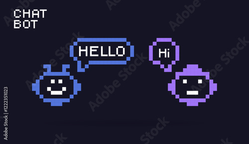Chatbot characters in pixel art style. Cute robotic characters in a retro digital style. Bot for online consultation and support service. Flat vector illustration.