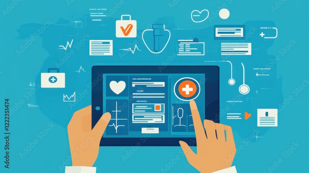 A creative image of someone browsing different health insurance options and quotes on their tablet. A creative image of someone browsing different health insurance options and quotes on their tablet.