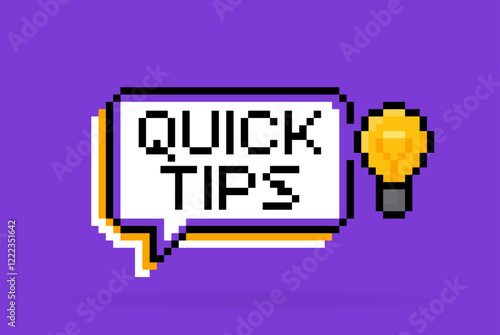 Pixel art style speech bubble with the light bulb and phrase Quick Tips. 8 bit logo design on purple background. Vector illustration.