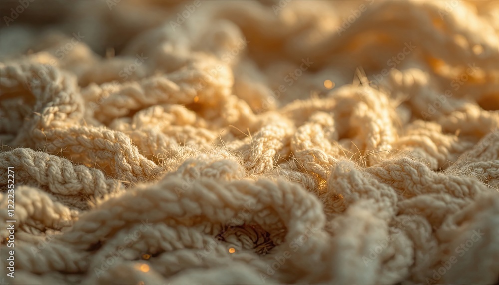 Close-up view of textured beige knitted yarn in warm lighting Close-up view of textured beige knitted yarn in warm lighting