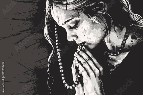 Devout Woman Praying with Rosary Beads, Black and White Religious Concept