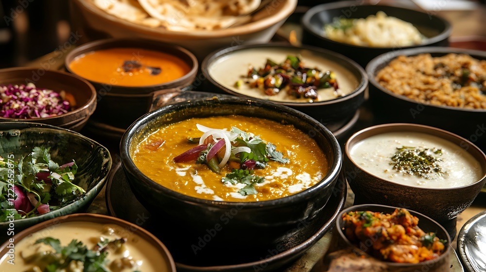 A variety of prepared dishes are shown from a top-down view A variety of prepared dishes are shown from a top-down view