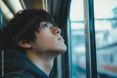 Free Download Young Man Looking Through Train Window, Suitable For Anime Footage. - GFXLoad