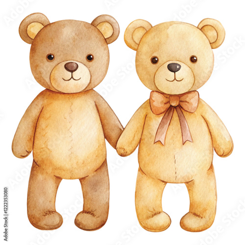 Two cute teddy bears standing holding hands Clipart watercolor  