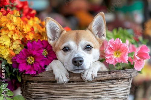 A dog resting quietly on a porch, watching the world go by in a peaceful rural setting