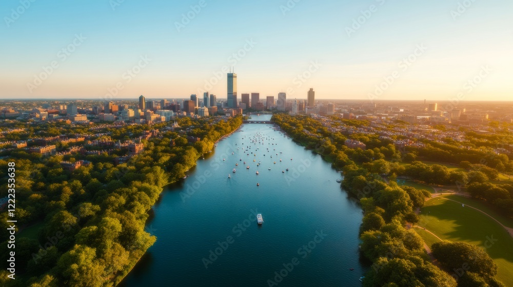 Fototapeta premium Vibrant Urban Oasis Aerial View of the Charles River Esplanade with Colorful Boats - Cityscape Artistry and Outdoor Recreation for Urban Development and Tourism Marketing