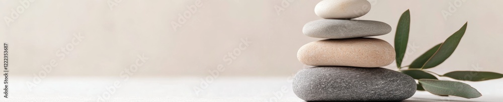 Harmonious Zen Stones Minimalist Pebble Stack with Eucalyptus on Textured Surface - Contemporary Wellness Content and Mindful Home Decor Harmonious Zen Stones Minimalist Pebble Stack with Eucalyptus on Textured Surface - Contemporary Wellness Content and Mindful Home Decor