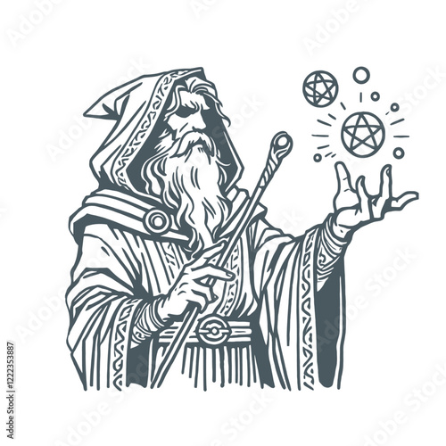 An old wizard in a hooded robe holding a staff and conjuring mystical spheres. Vintage style fantasy artwork. Isolated vector illustration.