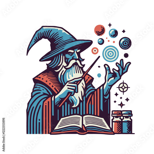 A bearded wizard reading a magical book while casting spells with a wand. Fantasy-themed artwork in detailed engraving style. Isolated vector illustration.