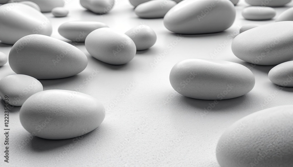 Smooth white pebbles on textured surface in monochromatic arrangement Smooth white pebbles on textured surface in monochromatic arrangement