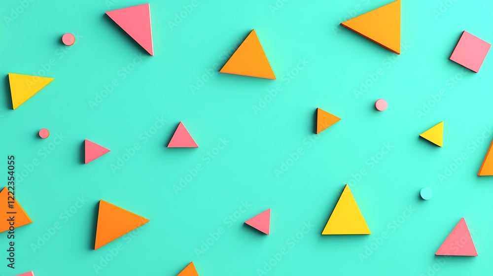 Colorful geometric shapes in vibrant hues on a turquoise background for creative design projects and modern art Colorful geometric shapes in vibrant hues on a turquoise background for creative design projects and modern art