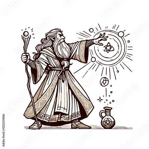 A detailed drawing of a wizard in a cloak casting a spell with a magical staff, surrounded by alchemical symbols. Isolated vector illustration.