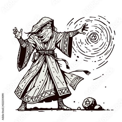  A mysterious wizard in a hooded cloak performing arcane magic with swirling energy and runes. Isolated vector illustration.