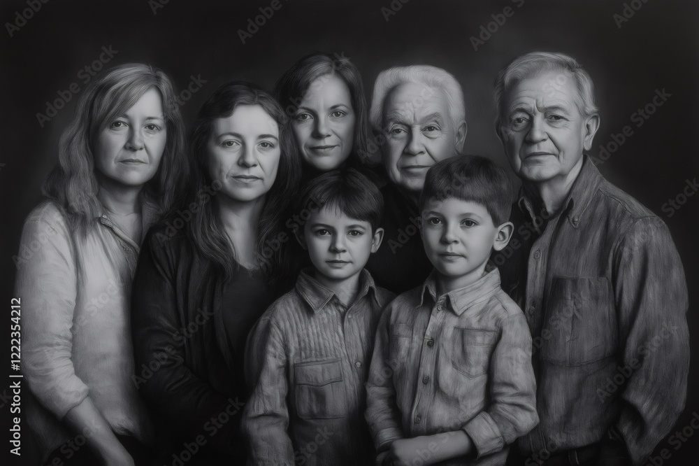 Charcoal drawing depicts a multigenerational family posing together, capturing the essence of family bonds and heritage Charcoal drawing depicts a multigenerational family posing together, capturing the essence of family bonds and heritage