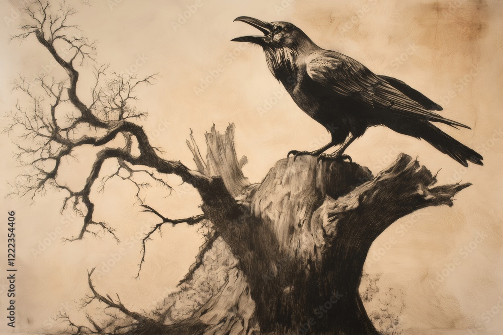 Fototapeta premium Charcoal drawing of a raven cawing while perched on a dead tree against a beige background