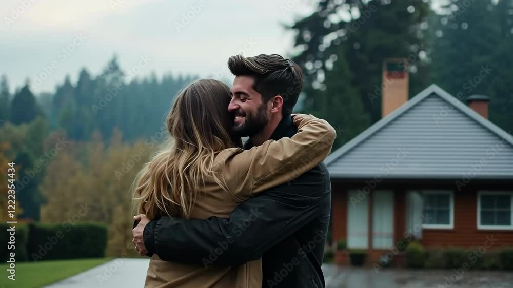 A man and a woman hug each other in front of a house A man and a woman hug each other in front of a house