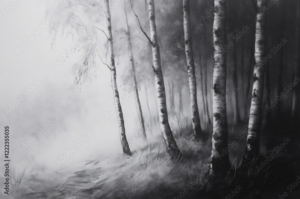 Fototapeta premium Charcoal sketch representing a birch grove on a foggy morning, creating a mysterious and evocative atmosphere