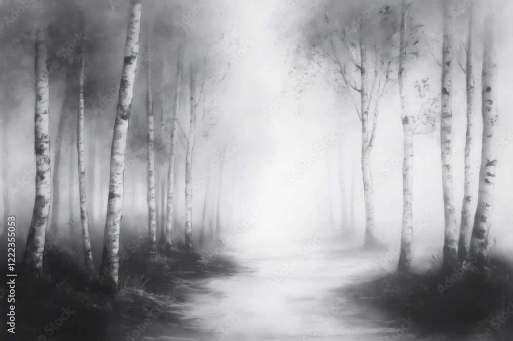 Fototapeta premium Charcoal sketch representing a birch grove on a foggy morning, creating a mysterious and evocative atmosphere