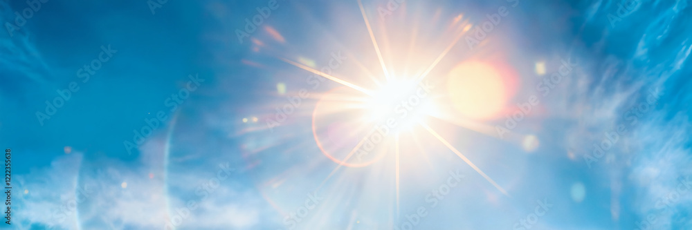 Obraz premium 眩い太陽を反射し 夏の青空に映り込むレンズフレアの光の効果、コピースペースあり