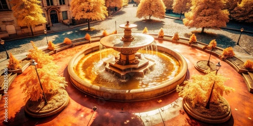 Antique fountain bathed in infrared light; a vintage thermal image evokes a dreamlike, retro landscape. photo