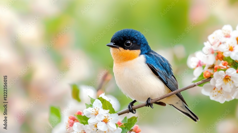 Colorful bird perched on blossoming branch, spring garden, nature background; ideal for springtime greeting cards Colorful bird perched on blossoming branch, spring garden, nature background; ideal for springtime greeting cards